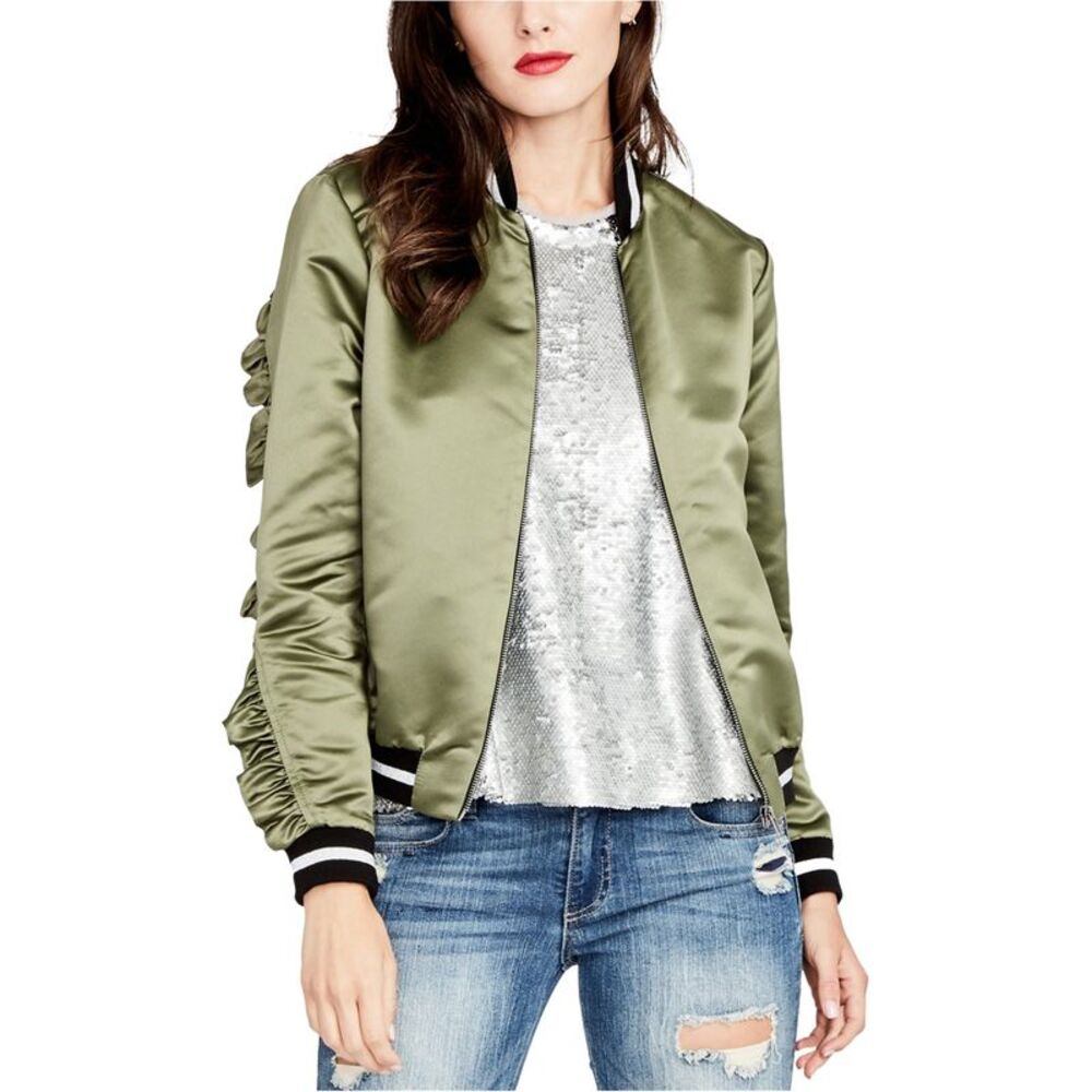Rachel Roy Womens Ruffled Bomber Jacket, Green, XL, DM